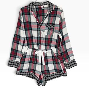 Victoria's Secret Plaid Romper Women M Red Green White Rhinestone Love Holiday